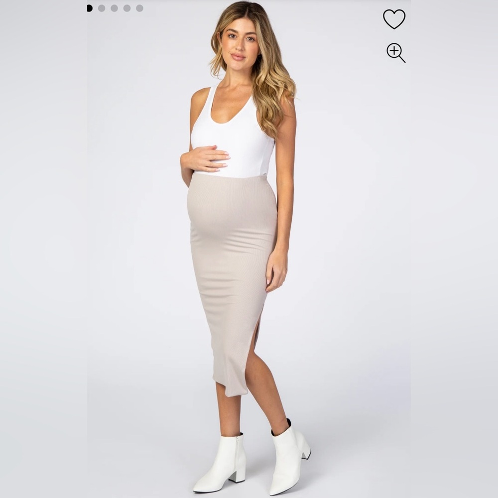 Maternity Taupe Ribbed Side Slit Midi Skirt